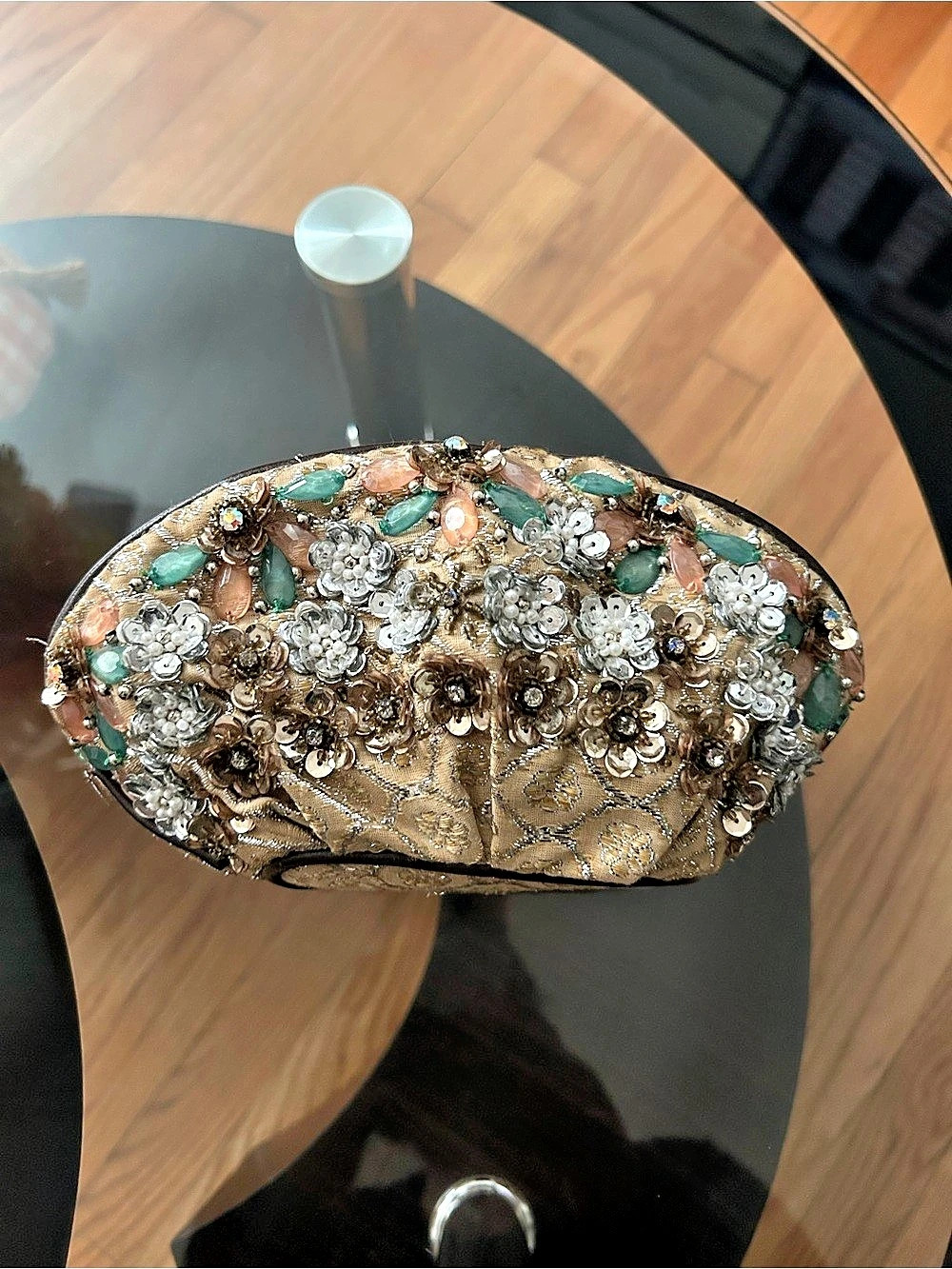 Miss Albright Embellished Cosmetic Pouch in Gold & Green Like New